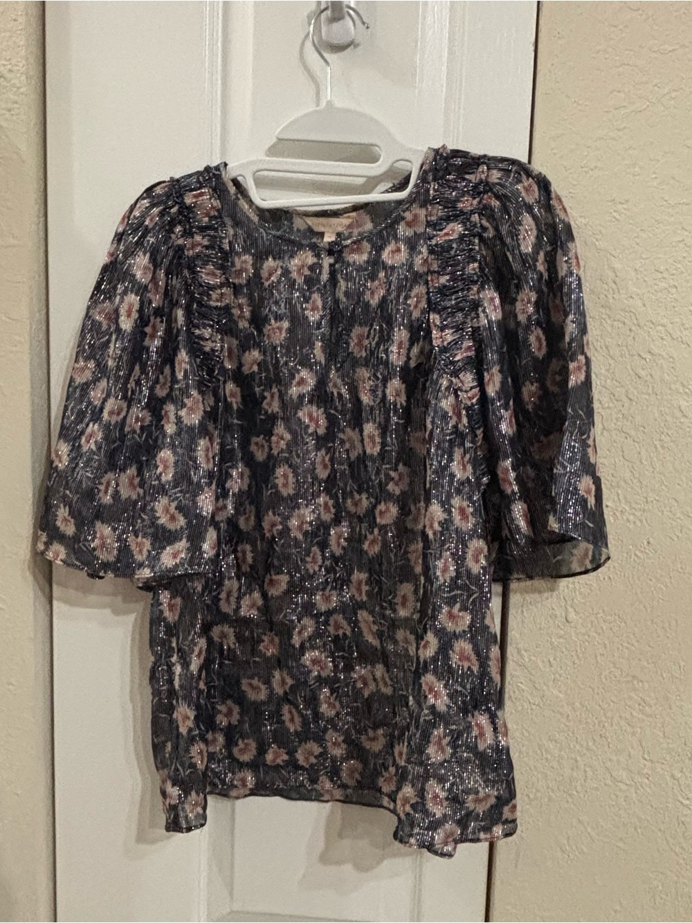 Rebecca Taylor Thistle Silk Blend Floral Ruffle Sleeve Top